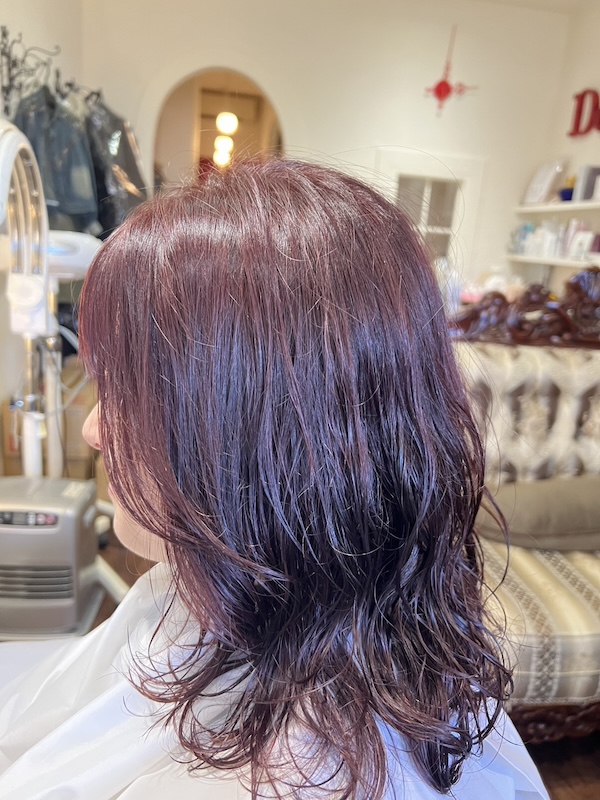 カラー&デジタルパーマ。パープルガーネット+レッド